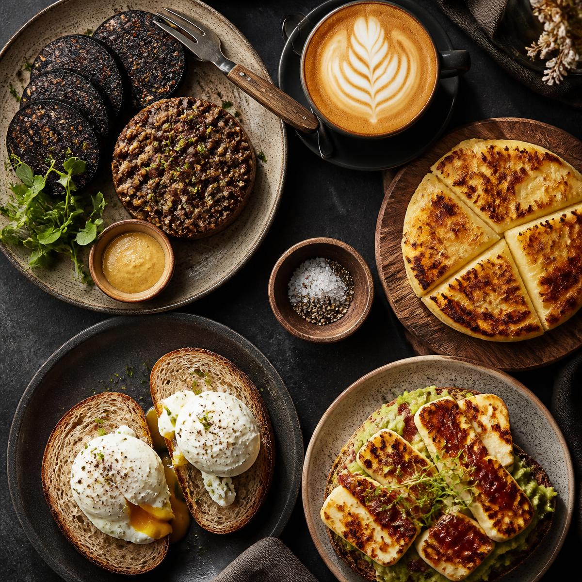 Scottish breakfast spread with haggis, black pudding, tattie scone and latte