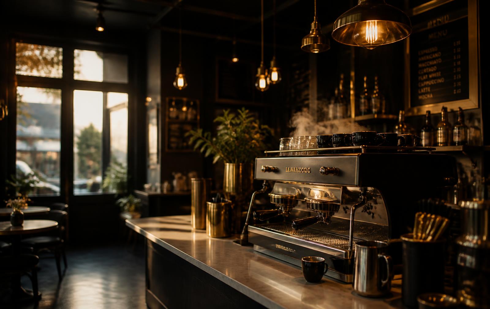 Interior of Kaya's Café with espresso machine and warm golden lighting